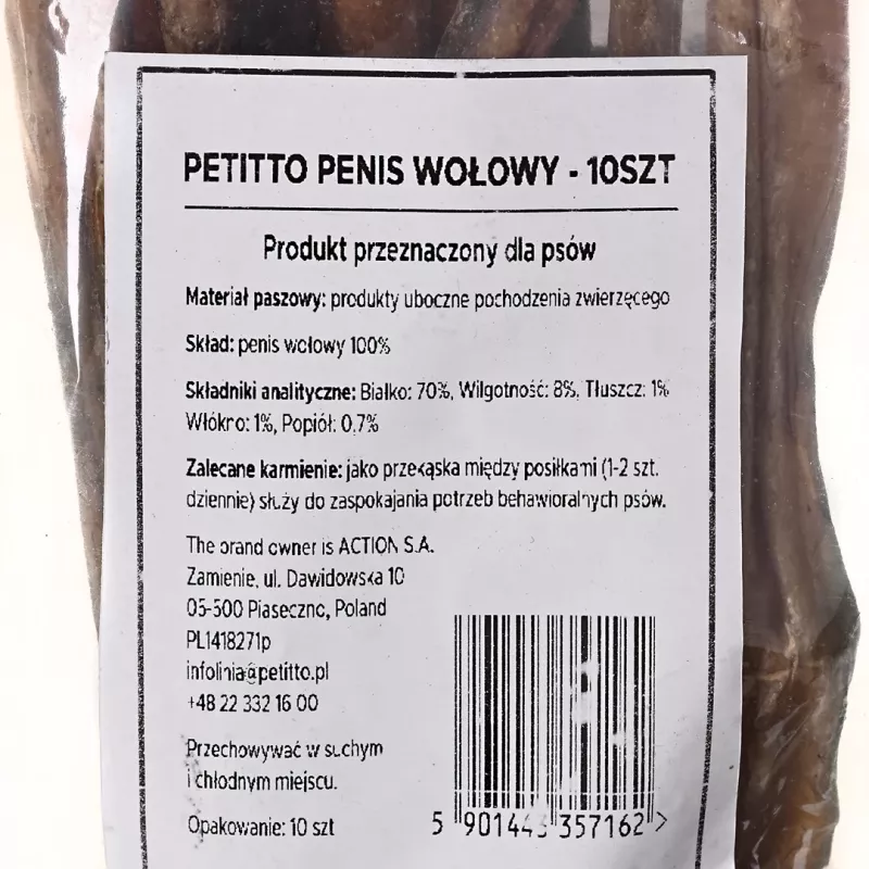 Gryzaki dla psa PETITTO Penis Wołowy, opakowanie 10 szt. — gryzaki wołowe do pielęgnacji zębów