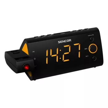 Zegar radiowy SENCOR SRC 330 OR — radiowy zegar FM z wyświetlaczem LED 1,2 cala, podwójnym budzikiem, czerwoną projekcją 180°, temperaturą wewnętrzną, podtrzymaniem bateryjnym
