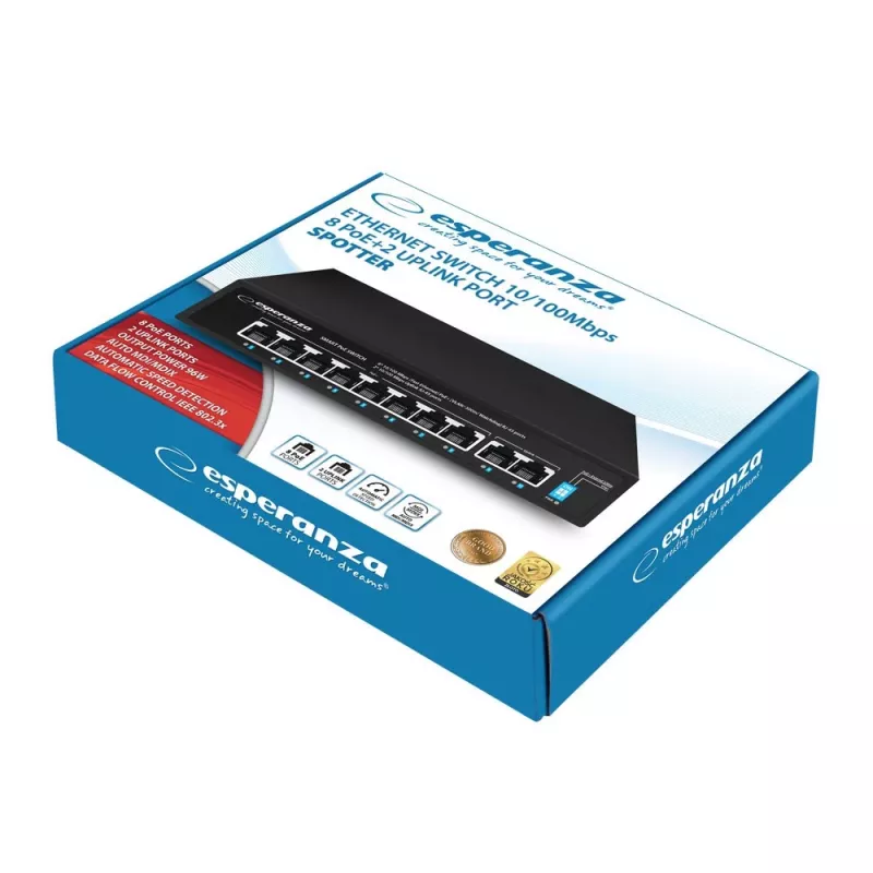 Esperanza ENS106 10-portowy przełącznik PoE 10/100 96W