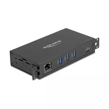 Koncentrator USB DELOCK 3-portowy 5 Gb/s z RJ45 Gigabit PoE++ i hostem USB Type-C, obudowa metalowa, izolacja 1,5 kV, czarny