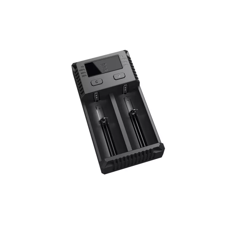 Ładowarka do akumulatorów Nitecore NEW i2 — ładowarka 2‑kanałowa dla LiFePO4, Li‑Ion, NiMH; wejście 100–240 V; wyjście 9–12 V; obsługuje AAAA/C/D/AAA/AA; czarna