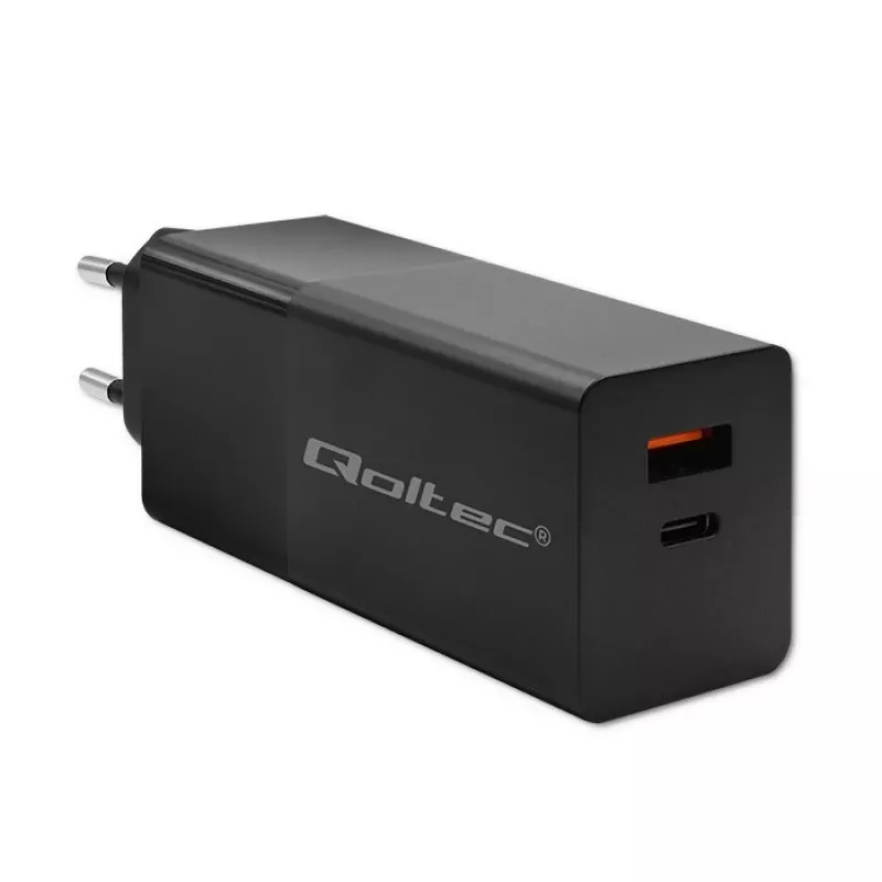 Qoltec 52382 GaN POWER PRO ładowarka | 1xUSB typu C | 1xUSB A | 100W | 5-20V | 1.5-5A | PD | Czarny