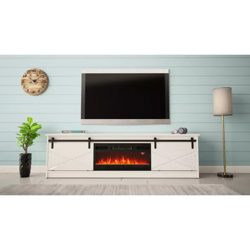 Szafka RTV z kominkiem elektrycznym Cama Meble model GRANERO RTV GRANERO + KOM B/B, 200x56,7x35 cm, biały/biały połysk, 2 drzwi, 2 półki, MDF/płyta wiórowa