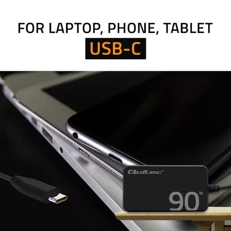 Qoltec 90W GaN Super Fast SLIM Ładowarka ścienna | XP | 5-20V | 4,5A | USB-C 3.1 | Laptop | MacBook | Smartfon | + kabel
