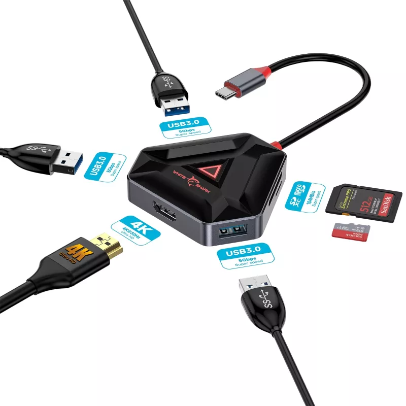 USB-C hub SBOX HEXAGON 6-w-1 z HDMI i Ethernet, Type-C biały