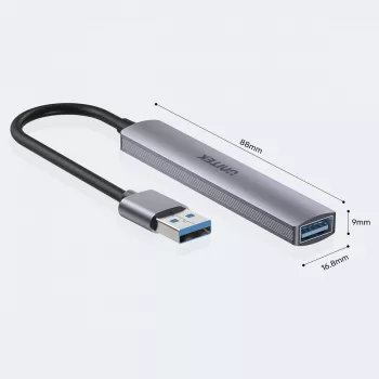 Koncentrator USB Unitek H1208A — 4 porty (1 × USB 3.2 Gen 1 Type-A, 3 × USB 2.0), obudowa aluminiowa, szary, kabel 0,20 m