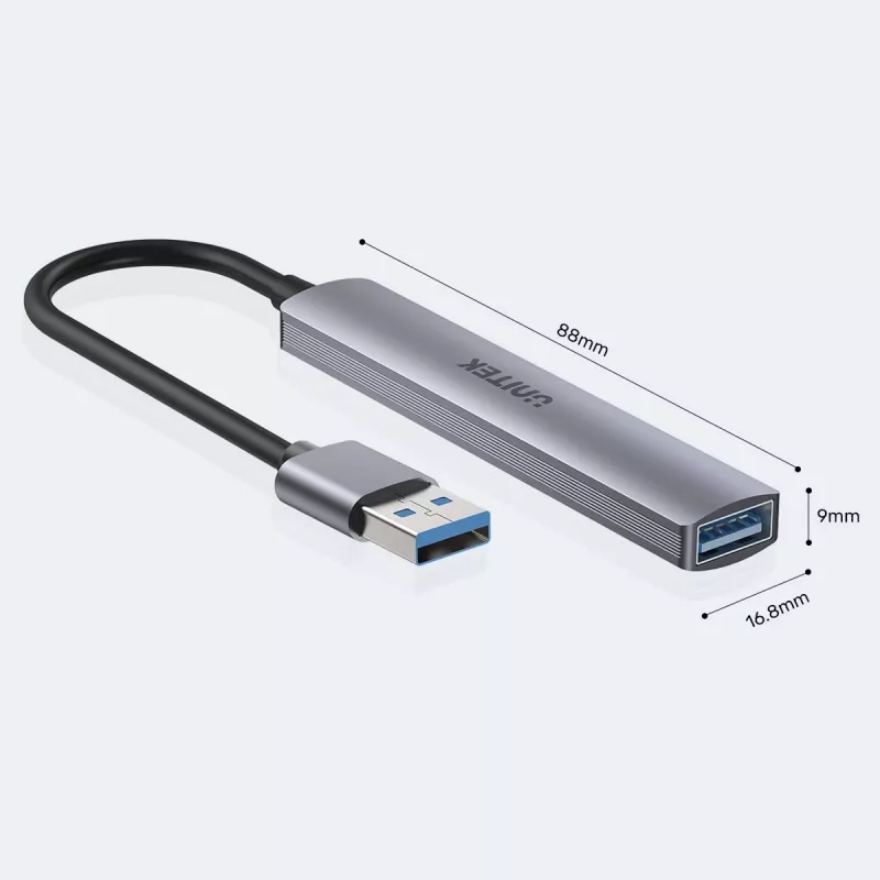 Unitek H1208A hub USB-A, 4 porty (1x USB-A 5 Gbps, 3x USB-A 2.0), aluminiowy, srebrny