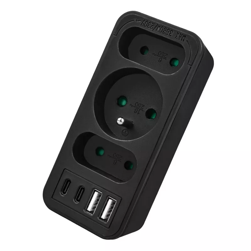 Rozgałęźnik zasilania MACLEAN MCE248 F/B — 3 gniazda AC (1x16A, 2x6A) i 4 porty USB (2xUSB‑A, 2xUSB‑C PD 20W), wtyczka EU, czarny