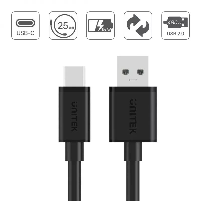 KABEL USB UNITEK USB-A — USB-C 25CM, Y-C480BK