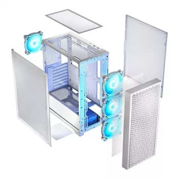 Obudowa PC LOGIC Dart Pro Midi ARGB biała — Midi Tower, ATX, 456×200×385 mm, maks. GPU 34 cm, wysokość chłodzenia CPU 155 mm, 3x120 mm przód + 1x120 mm tył, USB 3.0 x2, USB-C x1