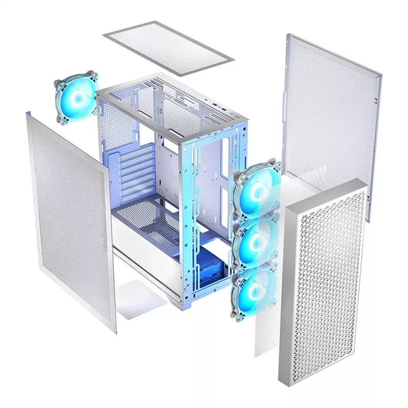 Obudowa PC LOGIC Dart Pro Midi ARGB biała — Midi Tower, ATX, 456×200×385 mm, maks. GPU 34 cm, wysokość chłodzenia CPU 155 mm, 3x120 mm przód + 1x120 mm tył, USB 3.0 x2, USB-C x1