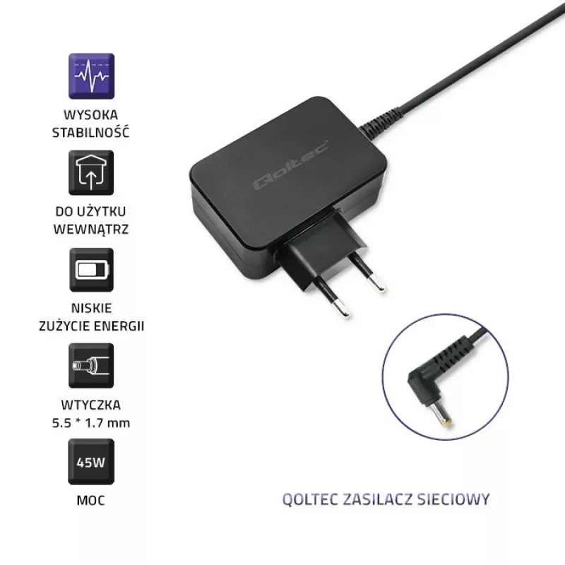 Zasilacz sieciowy QOLTEC 45 W 19 V 2,37 A z wtykiem 5,5x1,7 mm
