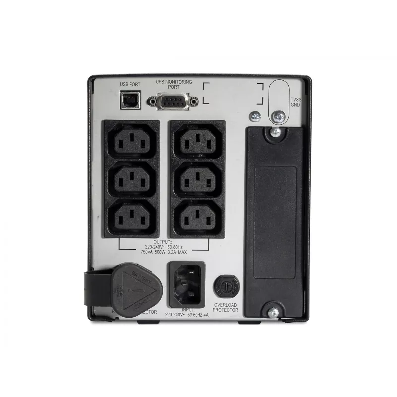 APC Smart UPS 750VA 230V USB z aprobatą UL, 0,75 kVA, 500 W, 50/60 Hz, 340 J, IEC 60320, 4,8 min