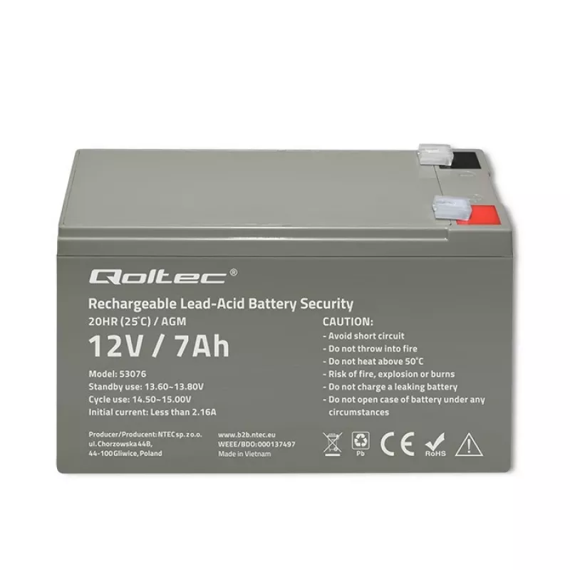 Qoltec 53076 Bateria AGM | 12V | 7Ah | Systemy alarmowe