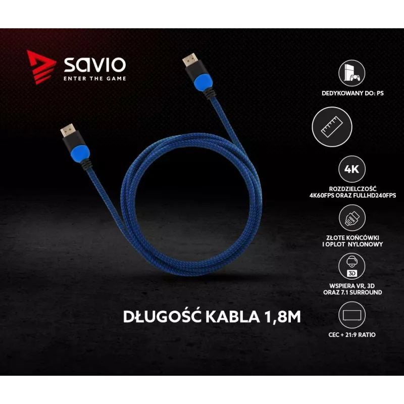 Przewód HDMI Savio GCL-02 1,8 m HDMI Typ A (Standard) Czarny, Niebieski