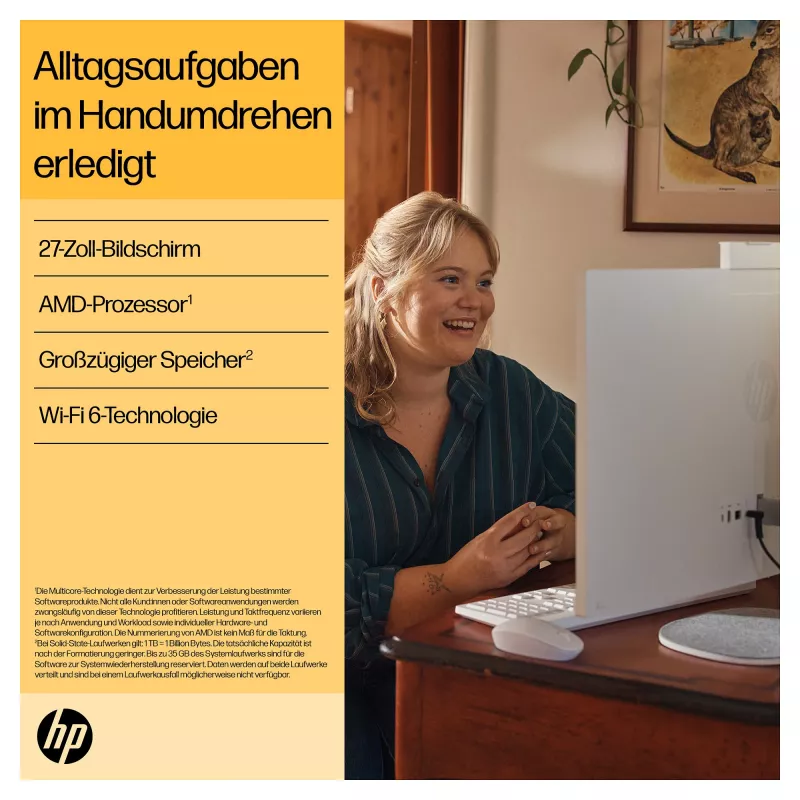 HP 27-cr0471ng - All-in-One (Complete Solution) - Ryzen 7 7730U - RAM 16 GB - SSD 512 GB - NVMe - Radeon Graphics - 1GbE, Wi-Fi 6, Bluetooth - WLAN: 802.11a/b/g/n/ac/ax, Bluetooth