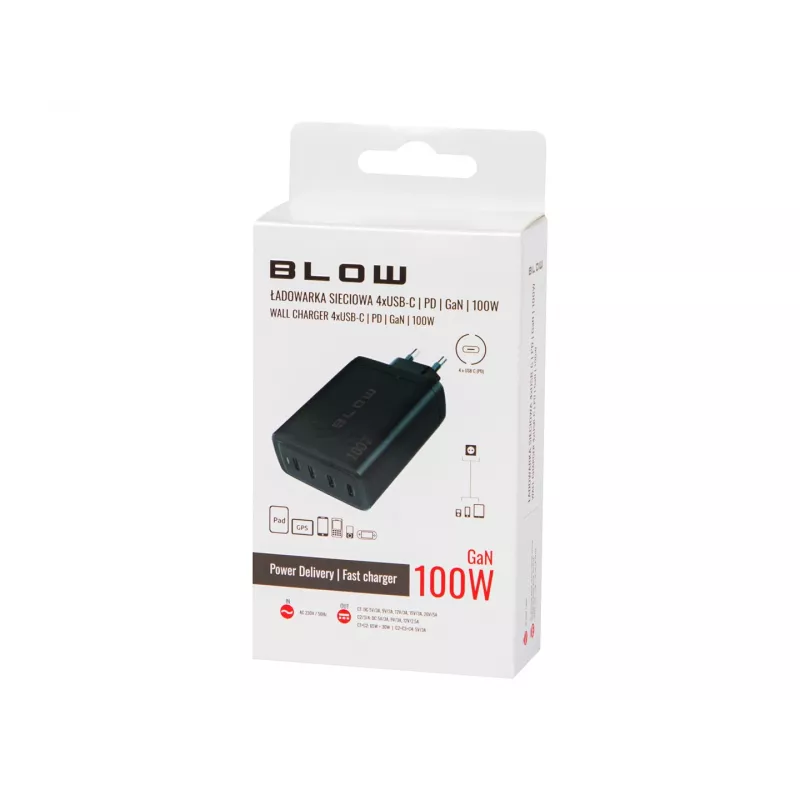 Ładowarka ścienna BLOW 4×USB-C PD 100W GaN, 4 porty, PD 3.0, PPS, wejście 200–240V