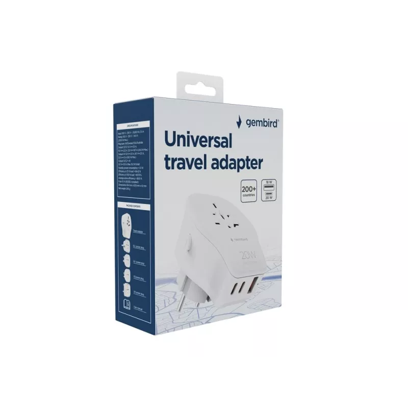Podróżny adapter ścienny GEMBIRD TPA-1A2C20-02-W 20W — 1×USB-A + 2×USB-C, wtyczka typu G, 100–250V, biały