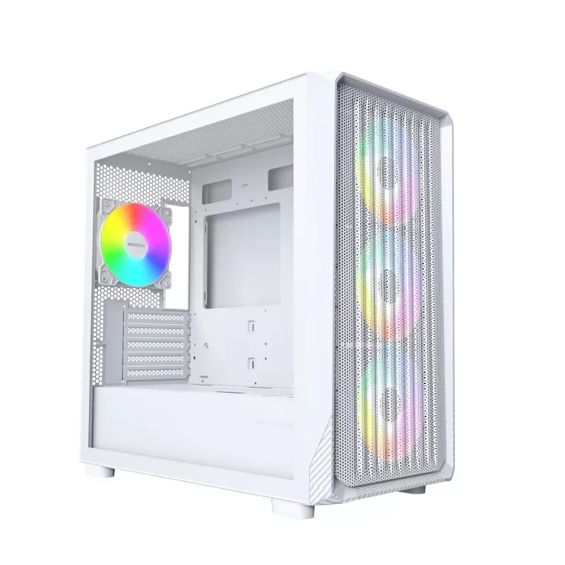 Obudowa PC Montech X5M (W) Micro Tower, biała — Micro-ATX/Mini-ITX, obsługa zasilacza ATX, 3x120 mm przód, 1x120 mm tył, 2 zatoki 3,5 cala, 4 zatoki 2,5 cala