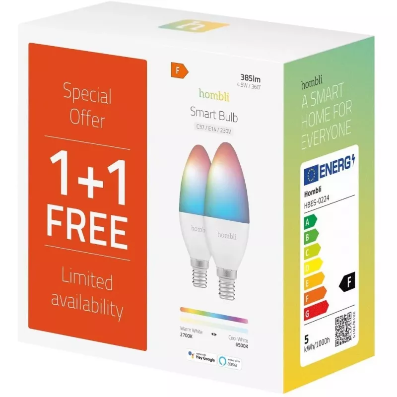 Hombli smarte Light Bulb, 4,5W, E14, RGB, CCT, 1+1 Promo Pack