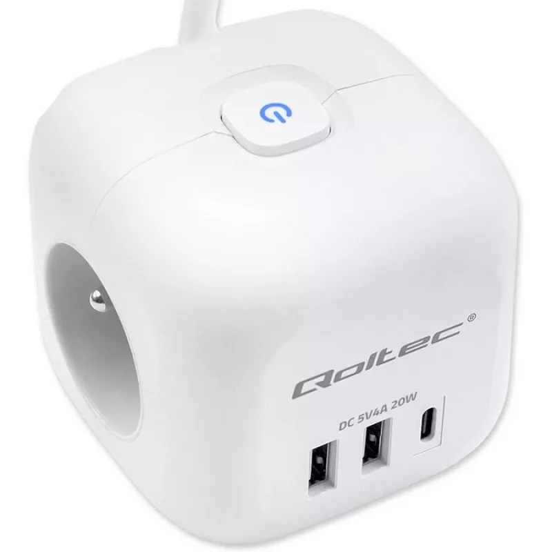 Listwa zasilająca Power Cube QOLTEC 52547 3× gniazda AC, 2×USB-A, 1×USB-C PD 20W