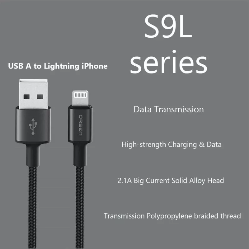 Kabel USB-A – Lightning Orsen S9L 1 m 2,1 A — czarny