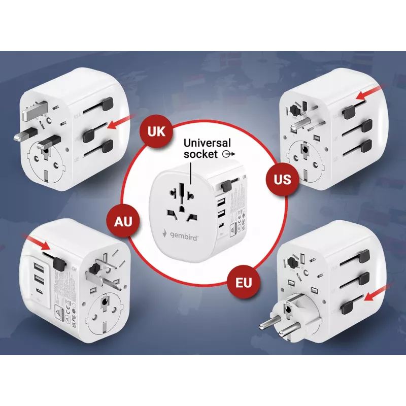Podróżny adapter ładowania GEMBIRD TPA-EU2A1C15-01-W — 15W, wtyczka typu E, 2× USB-A + 1× USB-C, 100–250V