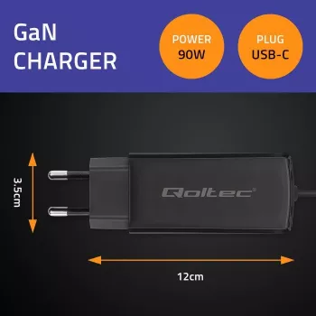 Ładowarka GaN 90W QOLTEC 52420 USB-C PD 5–20V 3A/4.5A wyjście, wejście 220–240V, kabel 1,8 m, czarna