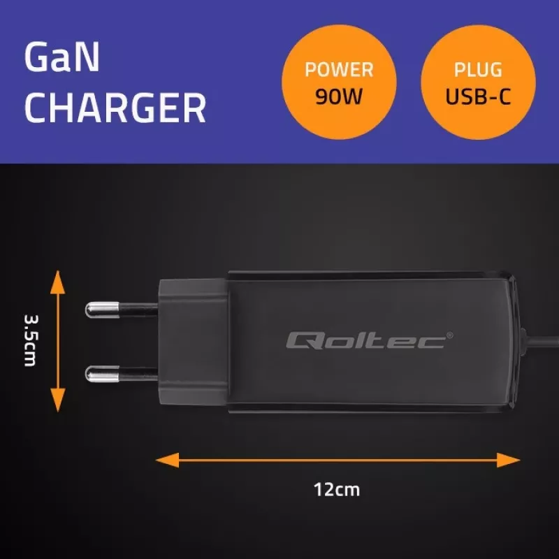 Ładowarka GaN 90W QOLTEC 52420 USB-C PD 5–20V 3A/4.5A wyjście, wejście 220–240V, kabel 1,8 m, czarna
