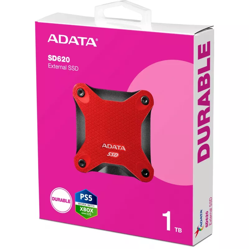 Zewnętrzny SSD ADATA SD620 1 TB, przenośny USB 3.2 Gen 2 (Micro-USB B), prędkość odczytu 520 MB/s, prędkość zapisu 460 MB/s, odporny na wstrząsy, czerwony
