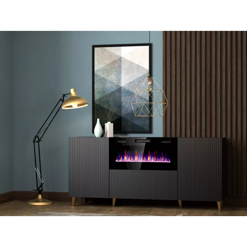 Komoda z kominkiem elektrycznym Cama Meble PAFOS 180x42x82 cm czarny mat, 3 drzwi, 2 półki, 1400–1600 W