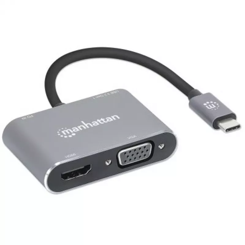 Manhattan Stacja dokująca / hub USB-C, porty (x4): HDMI, USB-A, USB-C i VGA, z Power Delivery (PD) 87 W - wymaga zewnętrznej ładowarki USB-C (nie dołączono). Zasilanie przez USB (nie wymaga zewnętrznego zasilacza), gdy PD nie jest używane, aluminium