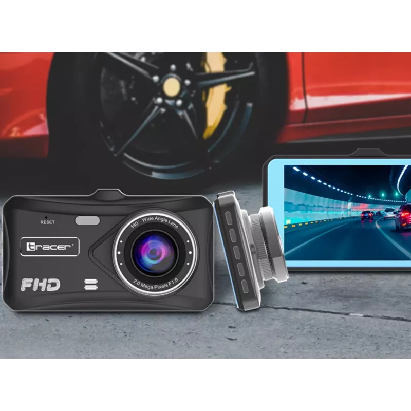 Dashcam TRACER 4TS Full HD dwukanałowa kamera samochodowa, 2 MP główna, 0,4 MP wewnętrzna, kąty 140°/60°, wyświetlacz IPS 4 cale, bateria 150 mAh, obudowa aluminiowa, asystent parkowania