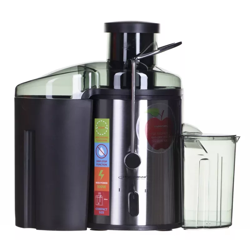 Sokowirówka ESPERANZA EKJ002 — 500 W, pojemnik na sok 0,45 L, pojemnik na miąższ 1,5 L, stal nierdzewna/czarny