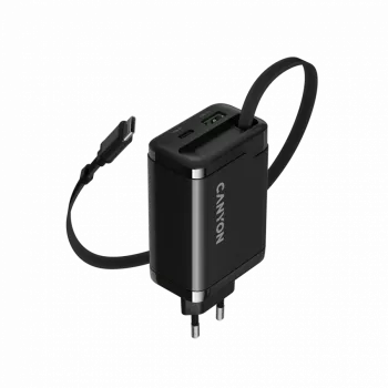 Ładowarka CANYON OnCharge 65RC z wbudowanym kablem USB-C, 65 W, 1x PD, 1x QC, wtyczka EU, czarna