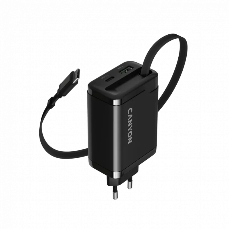 Ładowarka CANYON OnCharge 65RC z wbudowanym kablem USB-C, 65 W, 1x PD, 1x QC, wtyczka EU, czarna