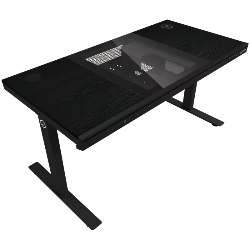 Biurko gamingowe z regulacją wysokości typu sit/stand z dwoma silnikami, wbudowaną obudową PC, ładowarką bezprzewodową, podświetleniem RGB, panelem sterowania i portami USB, blat z melaminy PB, czarny.