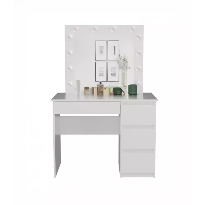 Zestaw toaletki MIJAS, prawostronny, top e shop — biurko 98×76×51 cm, 4 szuflady, lustro LED, biały, wysokość 1460 mm