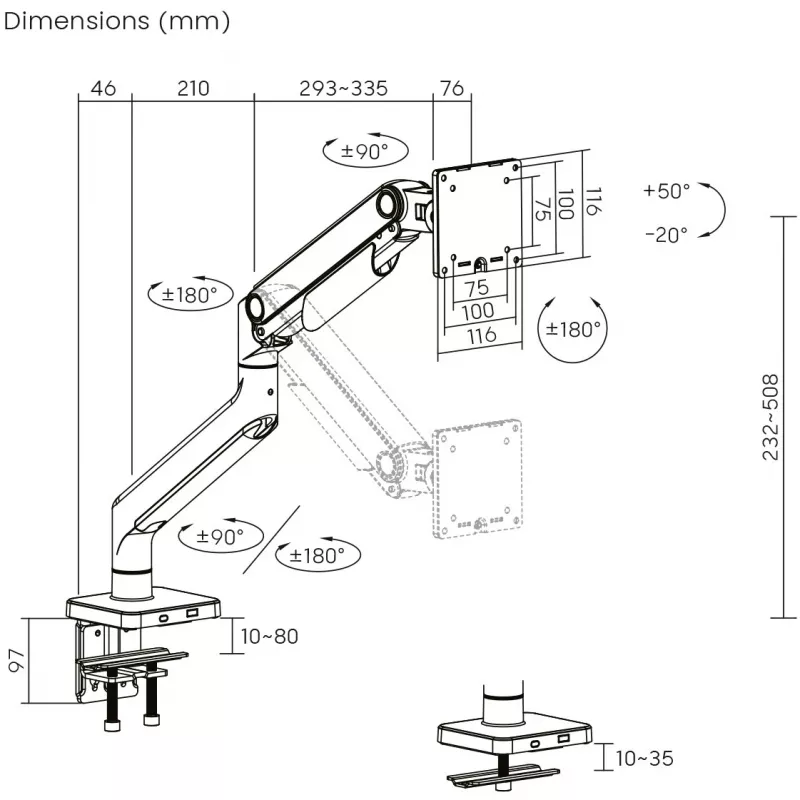 Uchwyt do monitora DIGITUS Single, zacisk, do 49 cali (124,5 cm), 20 kg, VESA 75x75–100x100, pochylenie -20° do 50°, regulacja wysokości, czarny