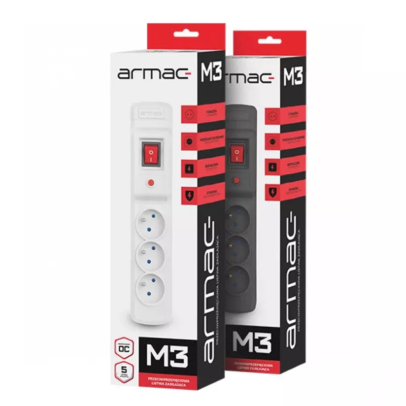 Listwa zasilająca ARMAC Multi M3 z 3 gniazdami i kablem 5 m, szara