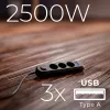 Listwa zasilająca MACLEAN MCE394 B — 3 gniazda + 3×USB A, 110–240 V, USB 2,1 A, 2500 W, kabel 1,5 m, czarna