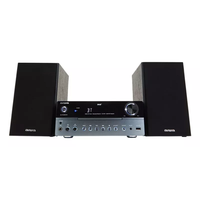 Domowy system audio mikro Aiwa MSBTU-700DAB — 25 W RMS, DAB+/FM, Bluetooth 10 m, CD w tacce, wyświetlacz LED, czarny/arktyczny niebieski