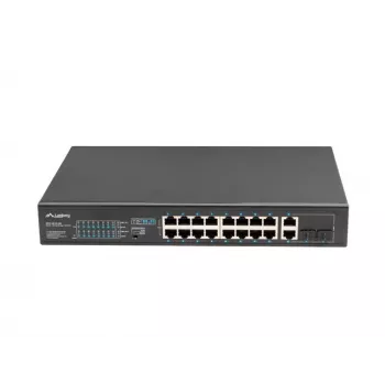 Niezarządzalny przełącznik LANBERG RSFE-16P-2C-250 — 18-portowy Gigabit, 16x PoE+ (30W), 2x SFP, 250W, 1U, metal, montaż w szafie