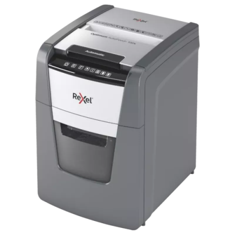 Niszczarka do papieru REXEL Optimum AutoFeed+ 100X — automatyczne podawanie 100 arkuszy, cięcie krzyżowe 4 x 28 mm, kosz 34 L, aluminium