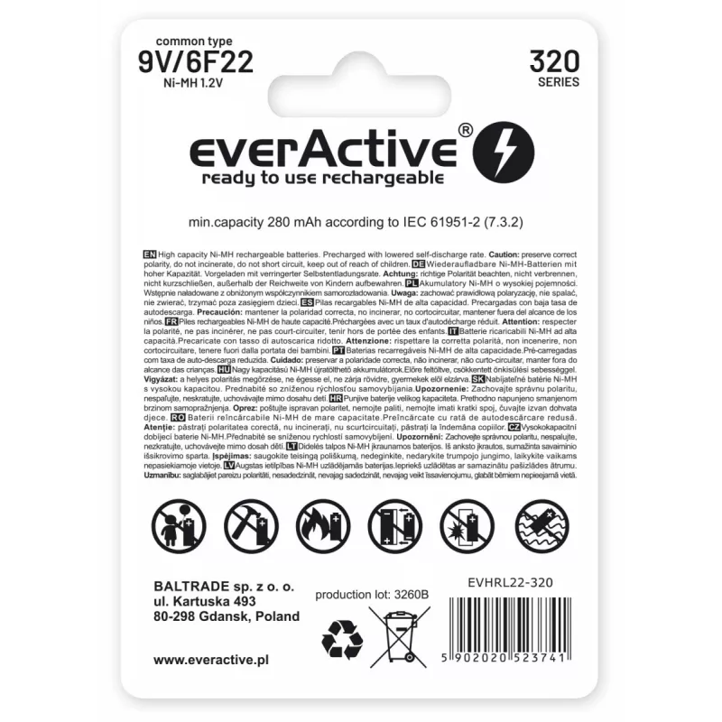 Akumulator everActive EVHRL22-320 9V NiMH pryzmatyczny 8,4 V, 55 g, 48,5 mm