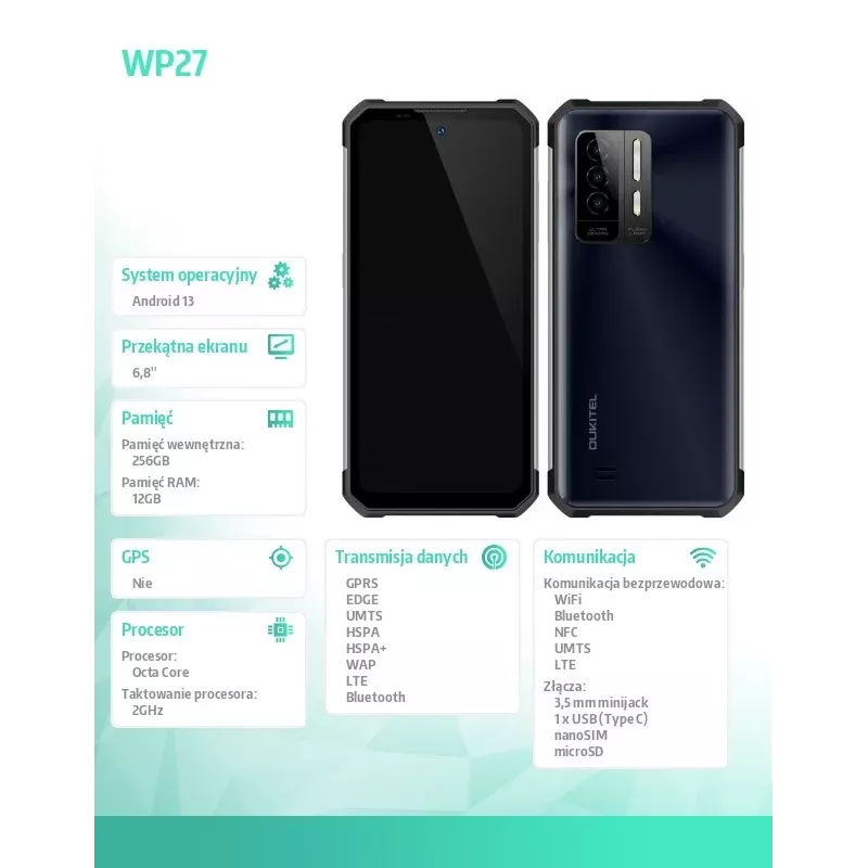 Smartfon Oukitel WP27 6,78 cala 12 GB/256 GB Czarny