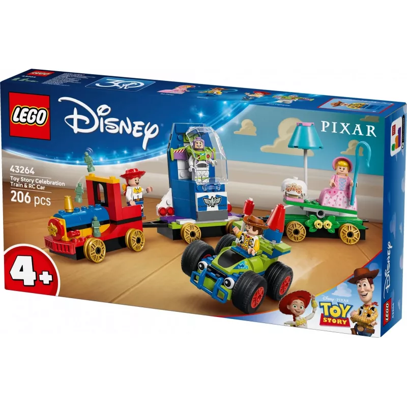 LEGO Disney Toy Story Pociąg świąteczny i samochód RC zestaw 43264 — 206 elementów, 4 minifigurki, wiek 4+
