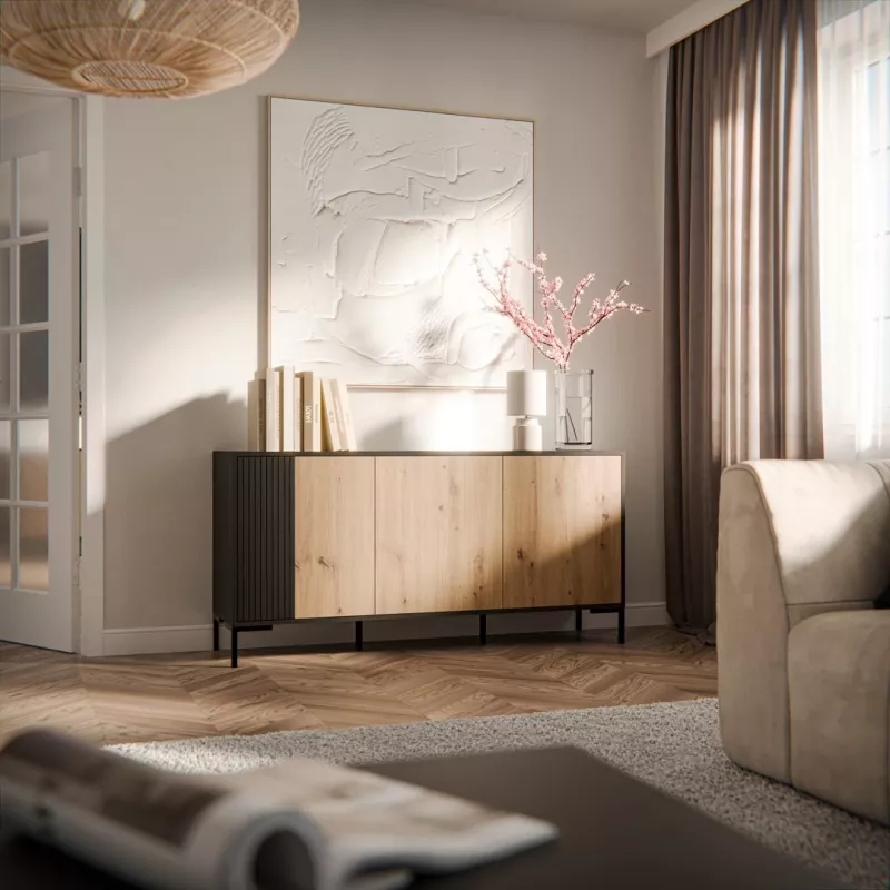 Komoda cama meble MERCI 151 x 40 x 74 cm — czarna / dąb artisan, płyta wiórowa