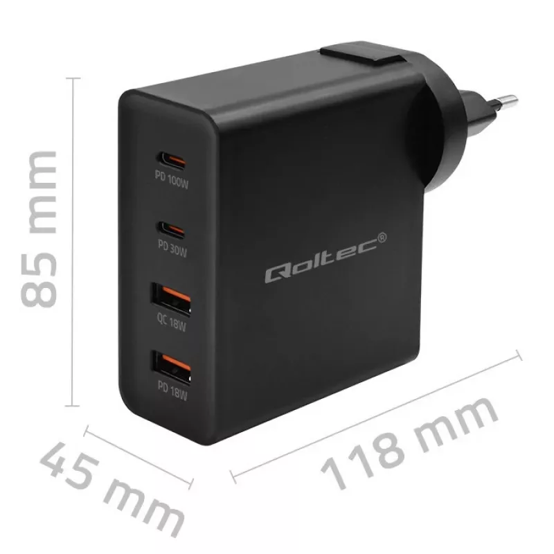 Ładowarka Qoltec GaN POWER PRO | 2xUSB-C | 2xUSB | 130W | 5-20V | 1.5-5A | XP | Czarny
