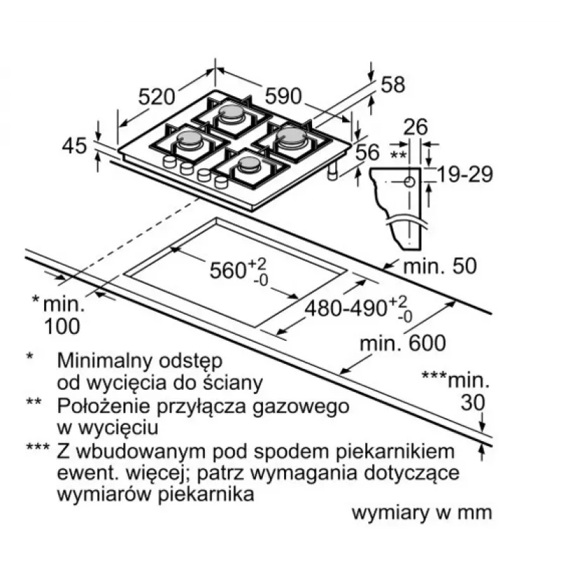 Zabudowywana płyta gazowa Bosch PPP6A2I40, 4 strefy, ruszty żeliwne, czarna, 590×520×54 mm, sterowanie pokrętłami obrotowymi